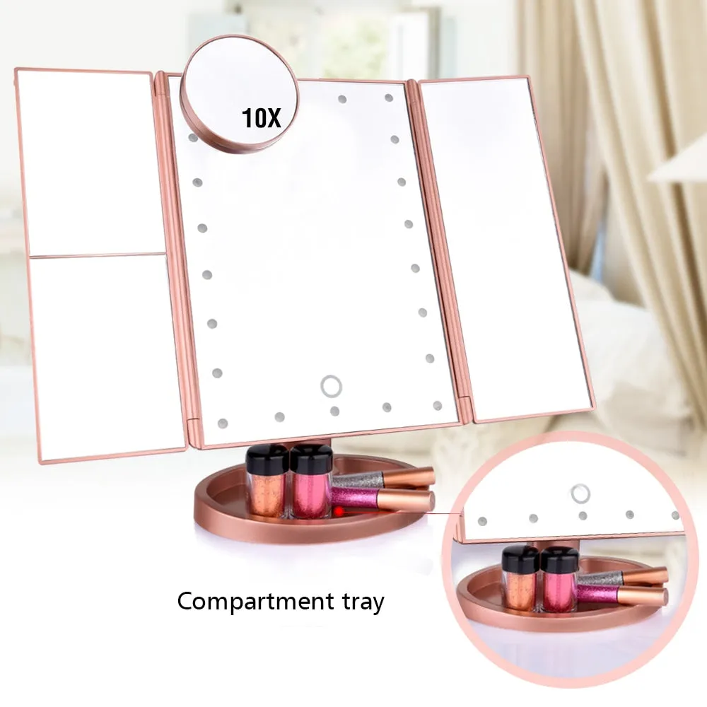 22 LED Makeup Mirror with Lights 1X 2X 3X 10X Magnifying Cosmetic Mirror 3 Folding Vanity Mirror Touch Dimmer stand Table Mirror