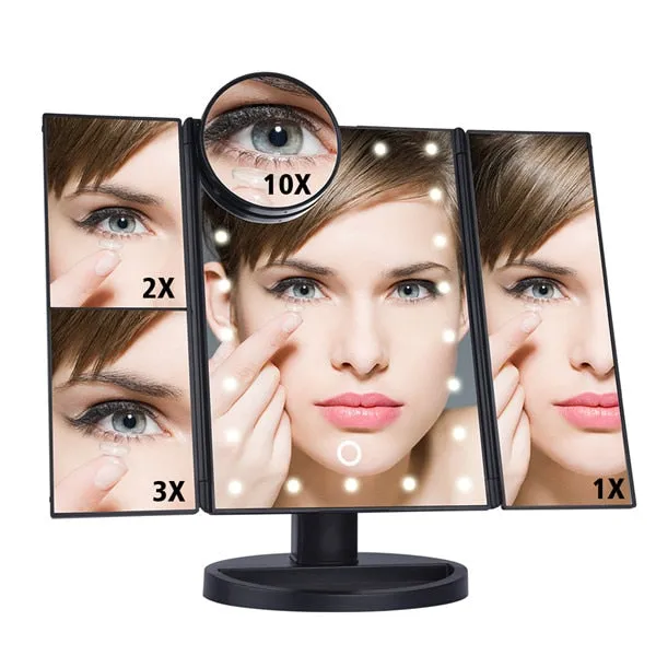 22 LED Makeup Mirror with Lights 1X 2X 3X 10X Magnifying Cosmetic Mirror 3 Folding Vanity Mirror Touch Dimmer stand Table Mirror