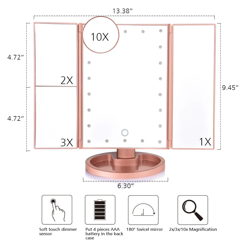 22 LED Makeup Mirror with Lights 1X 2X 3X 10X Magnifying Cosmetic Mirror 3 Folding Vanity Mirror Touch Dimmer stand Table Mirror