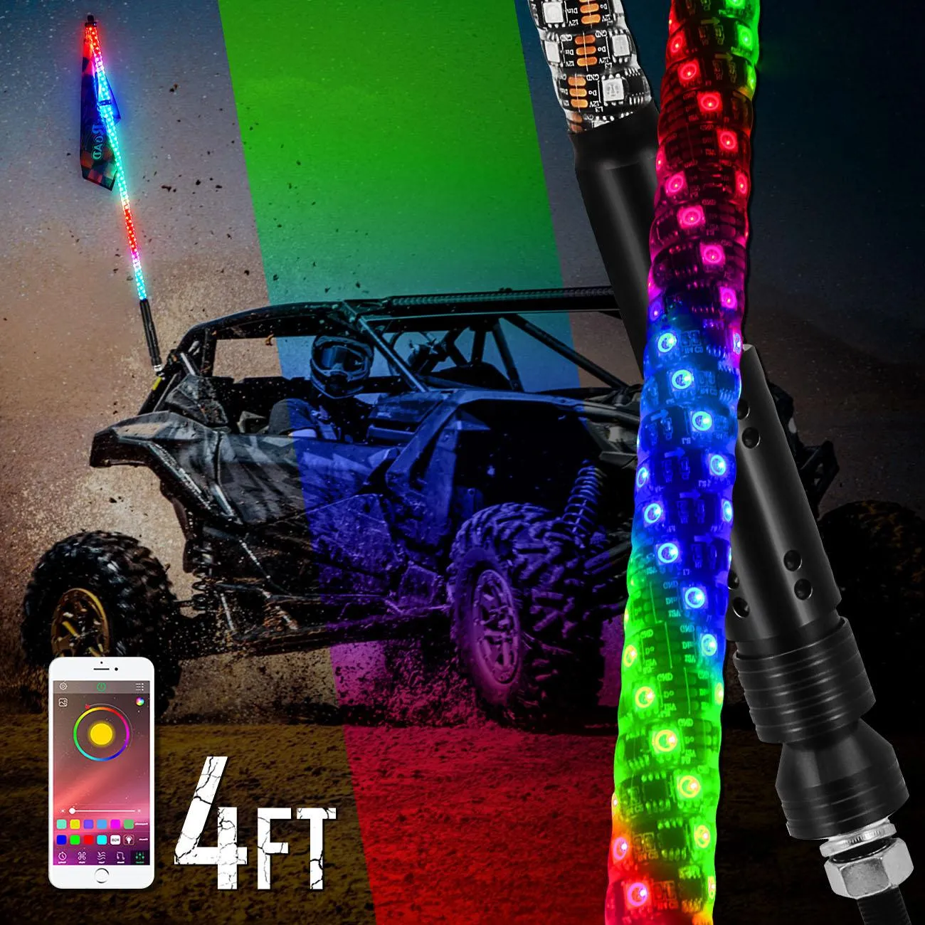 3FT/4FT RGB LED Whip Light with Bluetooth Controlled & Black Universal Flagpole Light Mount for all UTVs with 1.75" to 2" Roll Cage