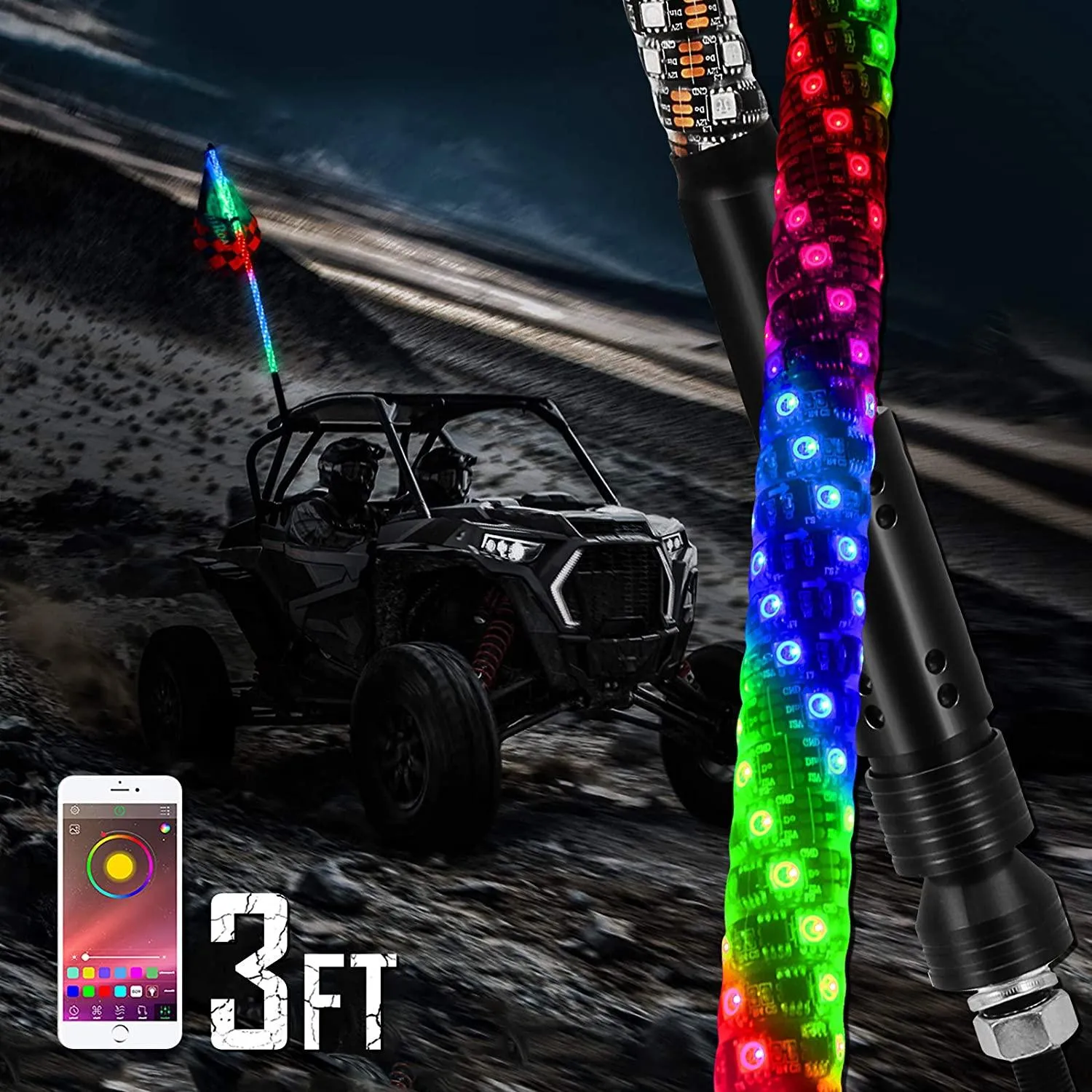 3FT/4FT RGB LED Whip Light with Bluetooth Controlled & Black Universal Flagpole Light Mount for all UTVs with 1.75" to 2" Roll Cage