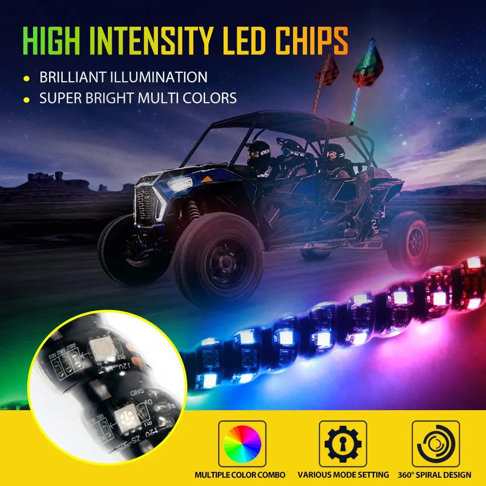 3FT/4FT RGB LED Whip Light with Bluetooth Controlled & Black Universal Flagpole Light Mount for all UTVs with 1.75" to 2" Roll Cage