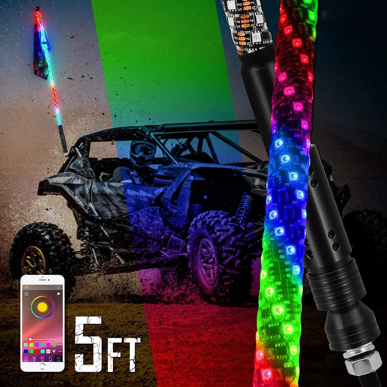 3FT/4FT RGB LED Whip Light with Bluetooth Controlled & Universal Flagpole Light Mount for all UTVs with 1.75" to 2" Roll Cage