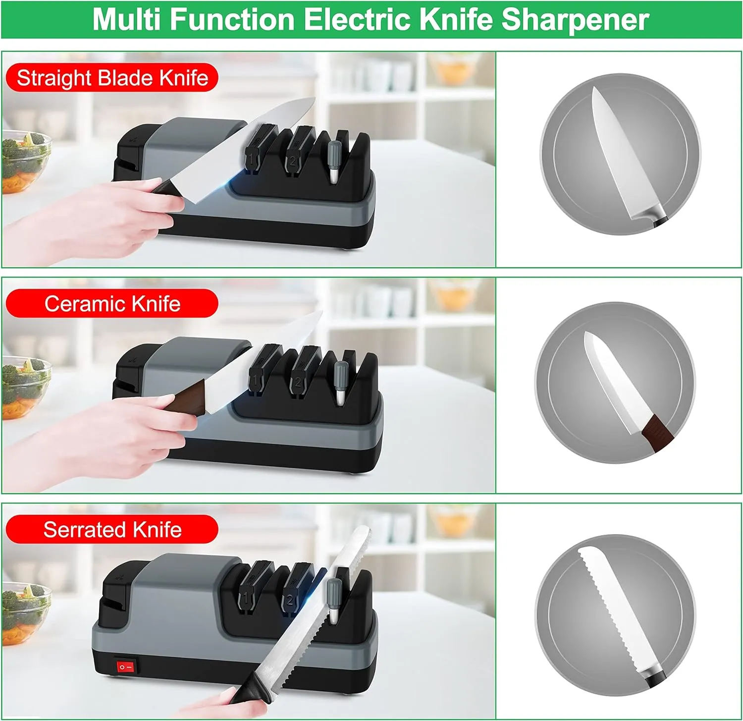 4-in-1 Electric Knife Sharpeners for Straight Blade Knives, Serrated Knives, Ceramic Knives, and Scissors