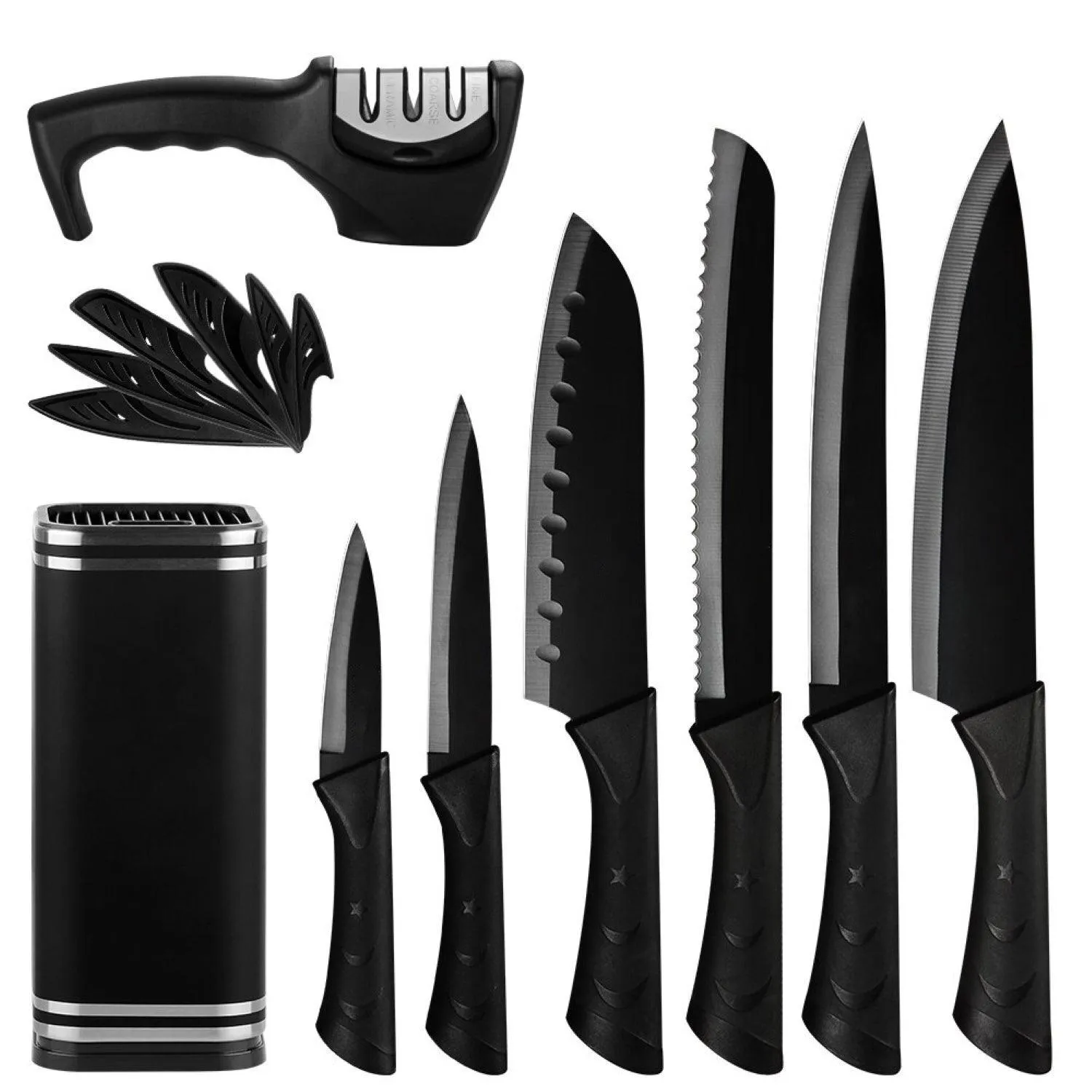 8 Pcs High Quality Stainless Steel Black Kitchen Knives Set With Holder Sharpener