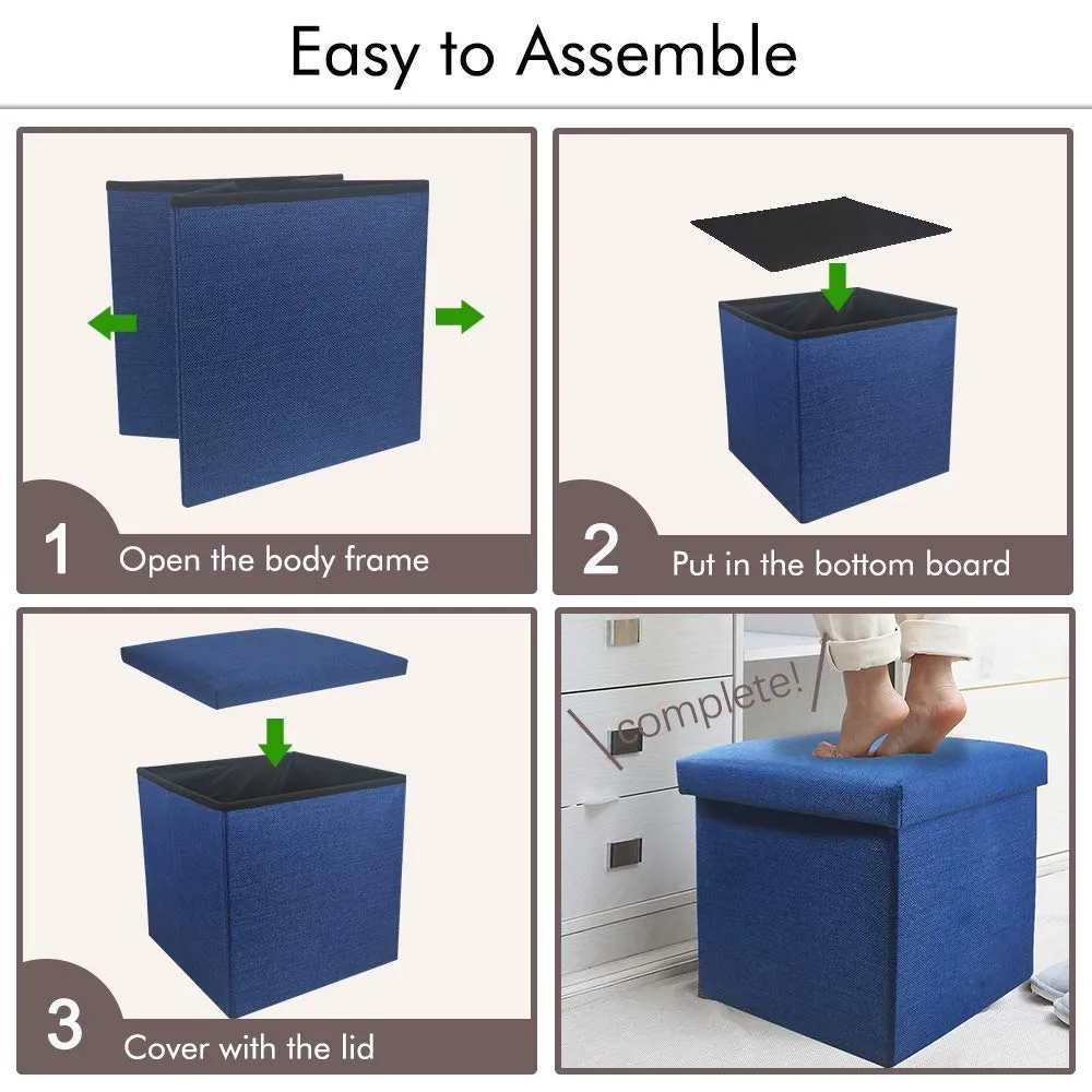 ASUVI Fabric Foldable Storage Ottoman Footrest Toy Box Coffee Table Stool Cum Sitting Stool Basket Cubes Organizer Containers With Lid, 11.8X11.8X11.8 Inch, (28 X 28 X 28 Cm, Dark Blue)