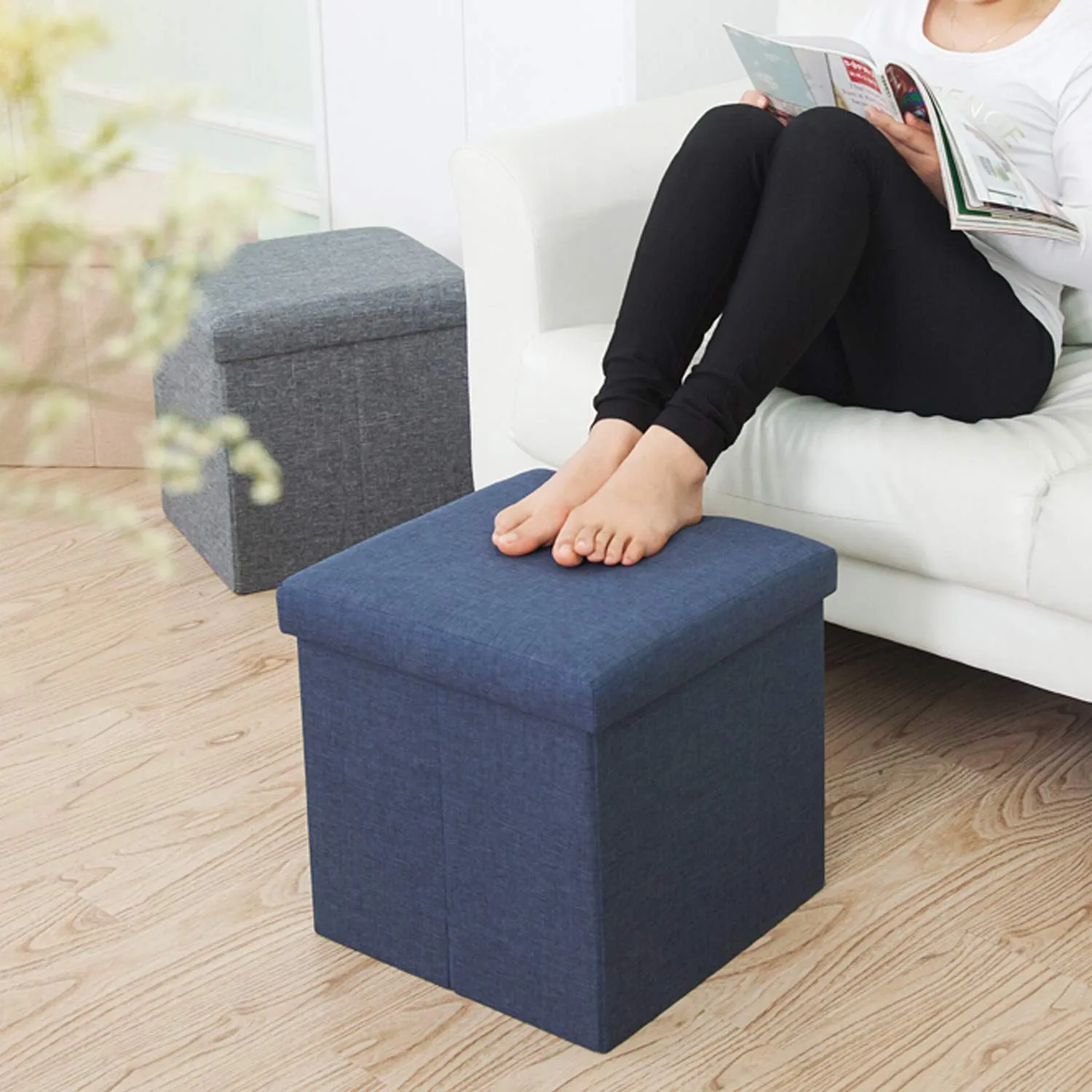 ASUVI Fabric Foldable Storage Ottoman Footrest Toy Box Coffee Table Stool Cum Sitting Stool Basket Cubes Organizer Containers With Lid, 11.8X11.8X11.8 Inch, (28 X 28 X 28 Cm, Dark Blue)