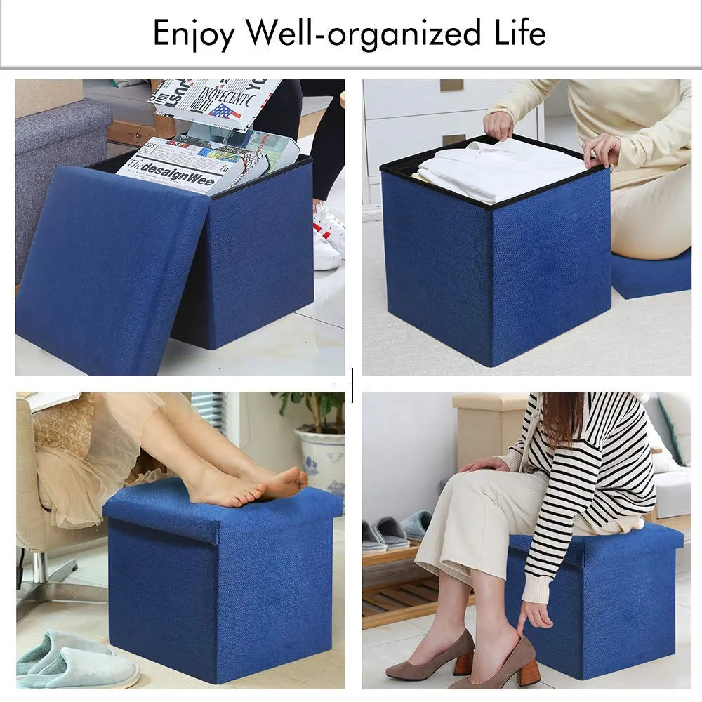 ASUVI Fabric Foldable Storage Ottoman Footrest Toy Box Coffee Table Stool Cum Sitting Stool Basket Cubes Organizer Containers With Lid, 11.8X11.8X11.8 Inch, (28 X 28 X 28 Cm, Dark Blue)