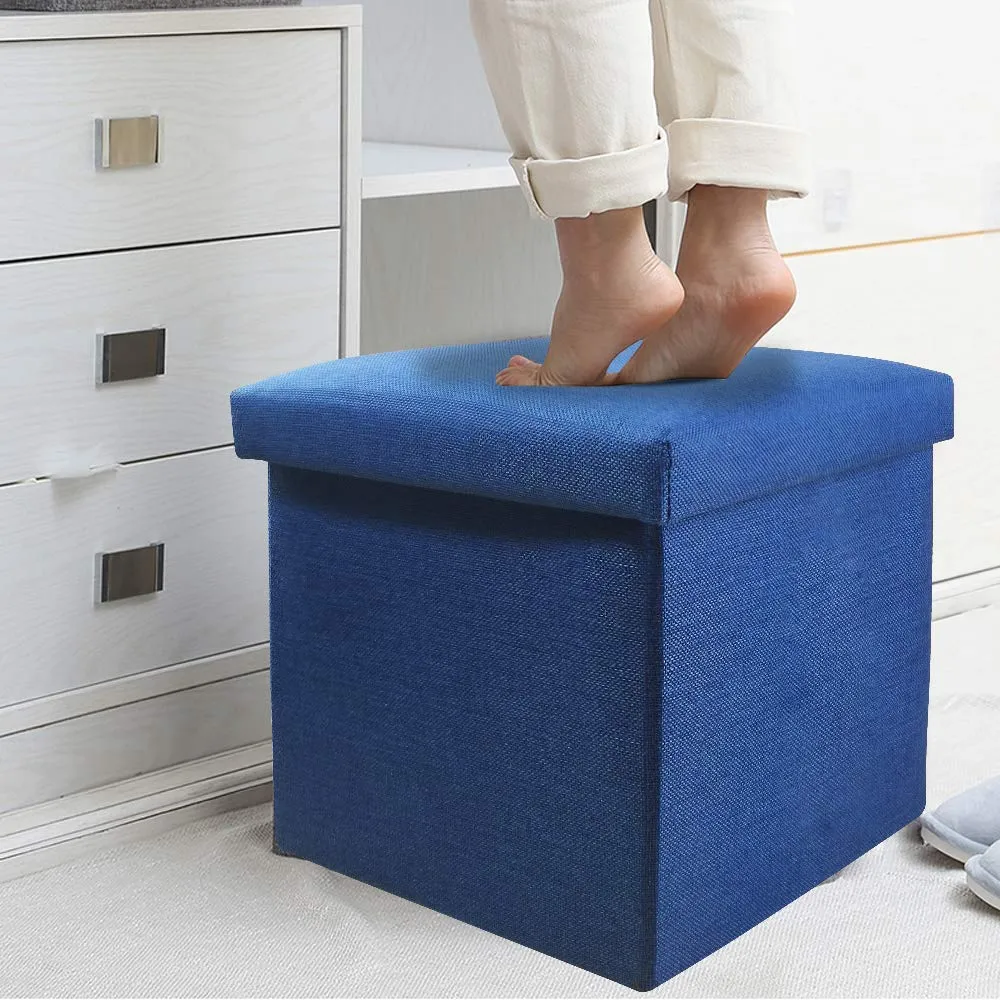 ASUVI Fabric Foldable Storage Ottoman Footrest Toy Box Coffee Table Stool Cum Sitting Stool Basket Cubes Organizer Containers With Lid, 11.8X11.8X11.8 Inch, (28 X 28 X 28 Cm, Dark Blue)