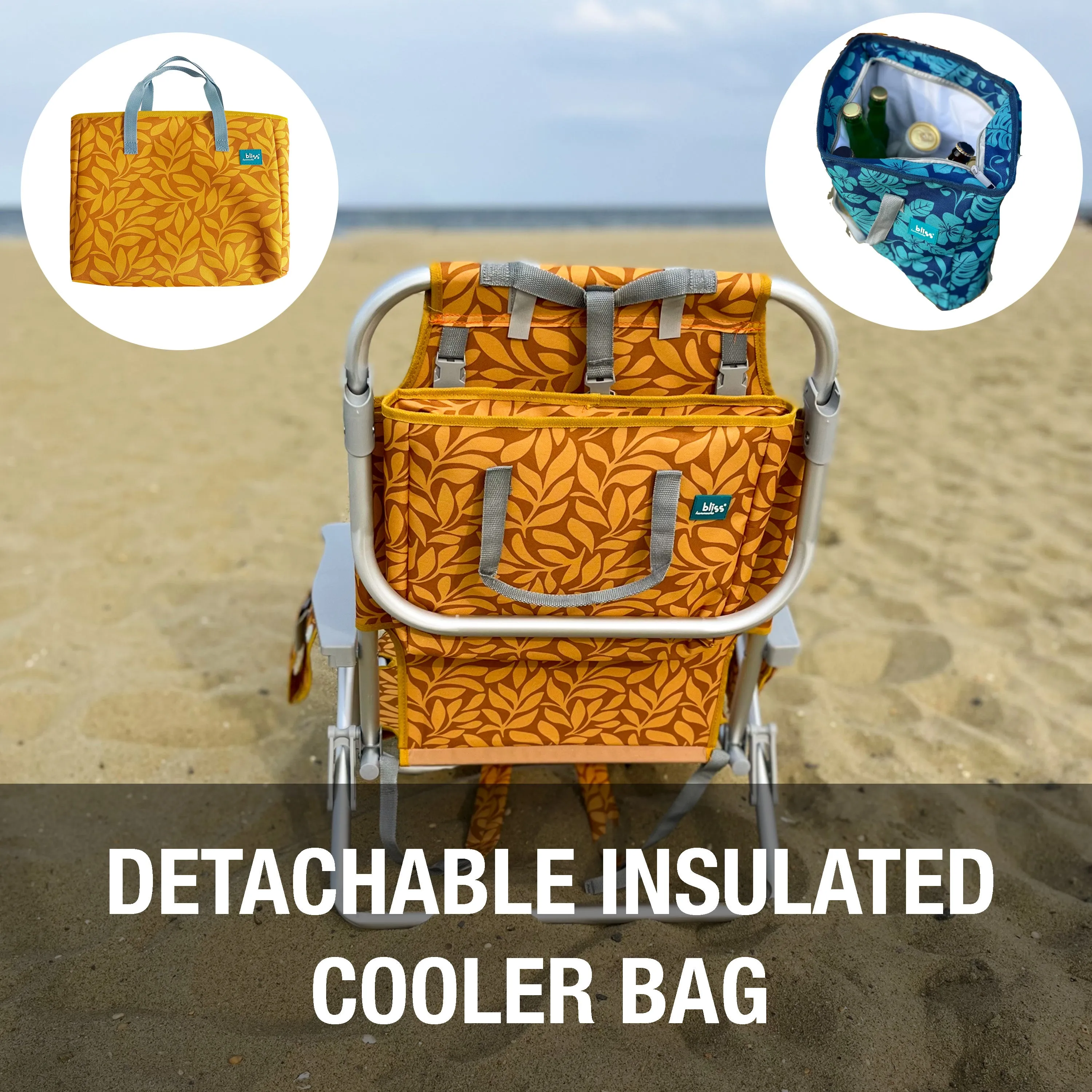 Backpack Aluminum Beach Chair W/ Side Pocket & Detachable Cooler Bag | 5 Reclining Positions | 275 Lb. Capacity