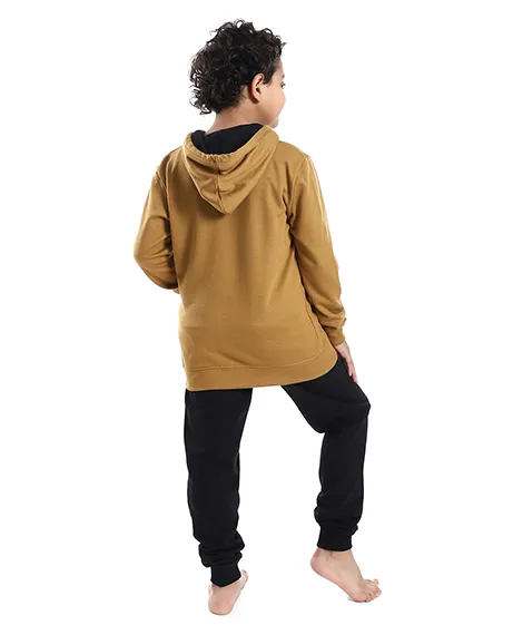 Boys' Khaki Zipped Hoodie and Pants Set - Cozy Winter Loungewear