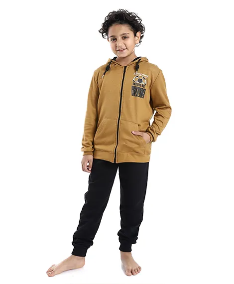 Boys' Khaki Zipped Hoodie and Pants Set - Cozy Winter Loungewear