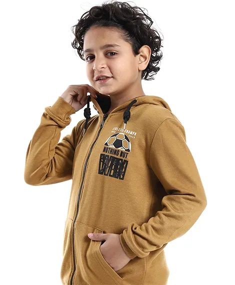 Boys' Khaki Zipped Hoodie and Pants Set - Cozy Winter Loungewear