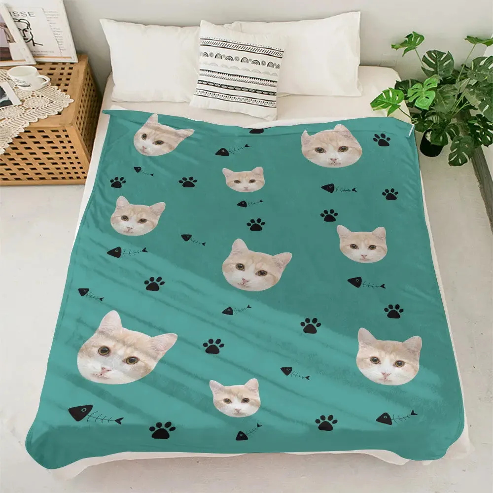 Custom Cat Face Blanket Cat Claws and Fish Spines Personalized Pet Photo Blanket