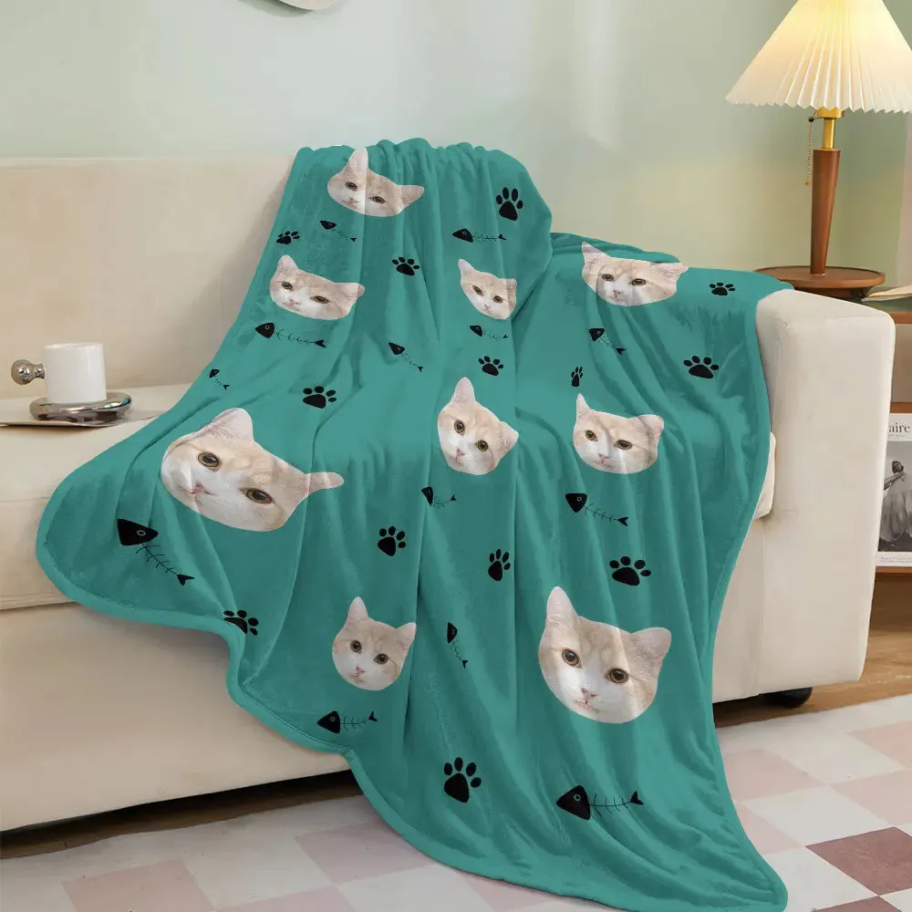 Custom Cat Face Blanket Cat Claws and Fish Spines Personalized Pet Photo Blanket