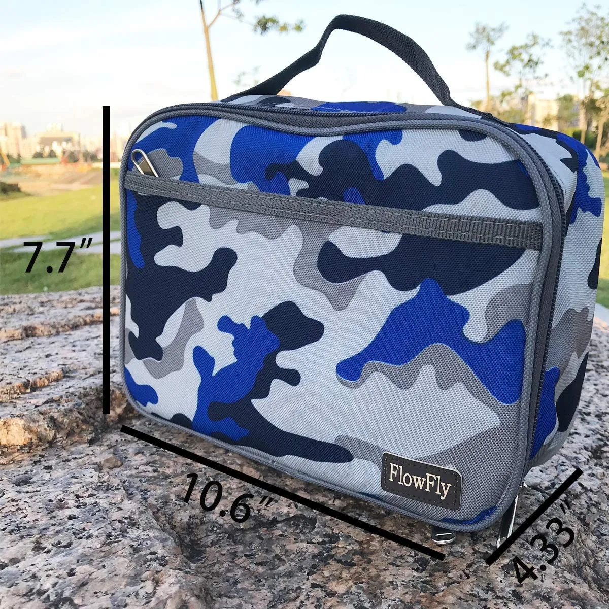 FlowFly Kids Lunch box Insulated Soft Bag Mini Cooler Thermal Meal Tote Kit with Handle and Pocket for Girls, Boys, Blue Camo