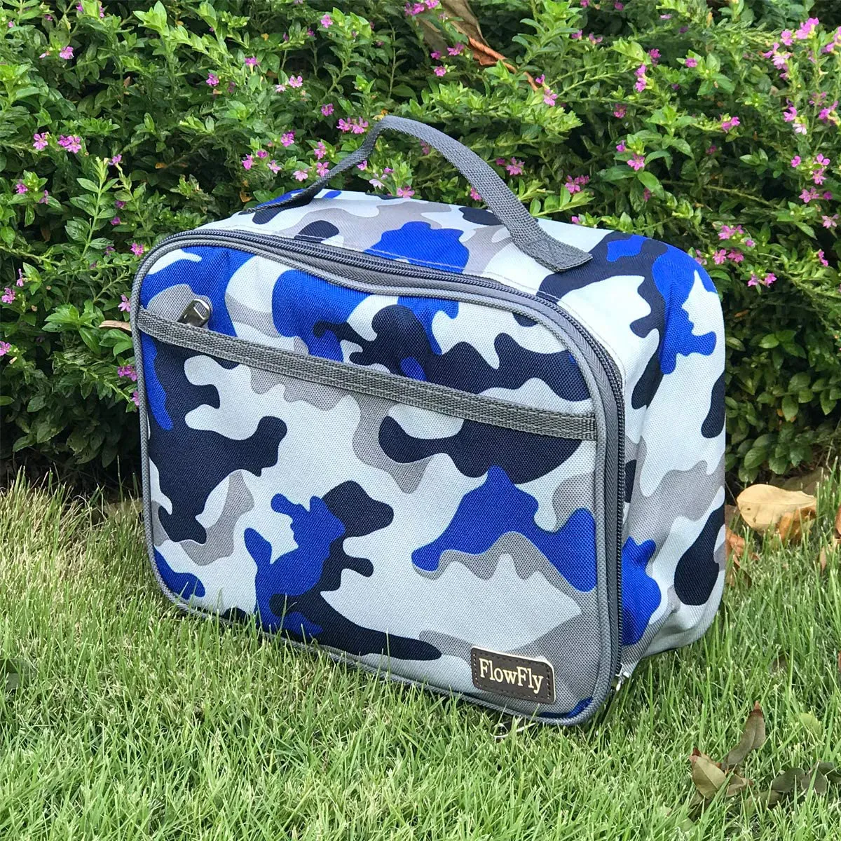 FlowFly Kids Lunch box Insulated Soft Bag Mini Cooler Thermal Meal Tote Kit with Handle and Pocket for Girls, Boys, Blue Camo