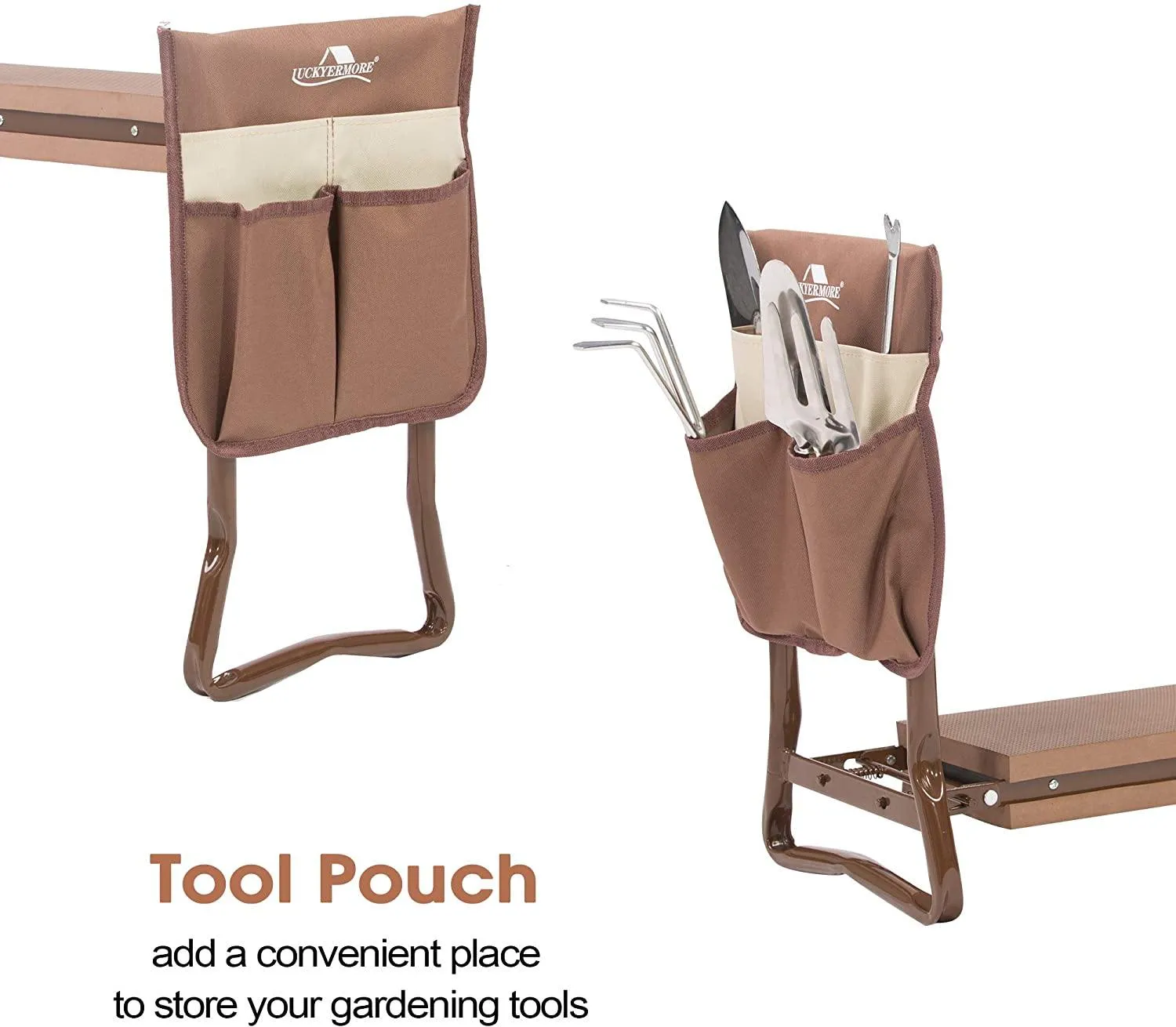 Folding Garden Kneeler Seat Foldable Bench Stool Soft Kneeling Pad w/ Tool Pouch, Coffee Brown