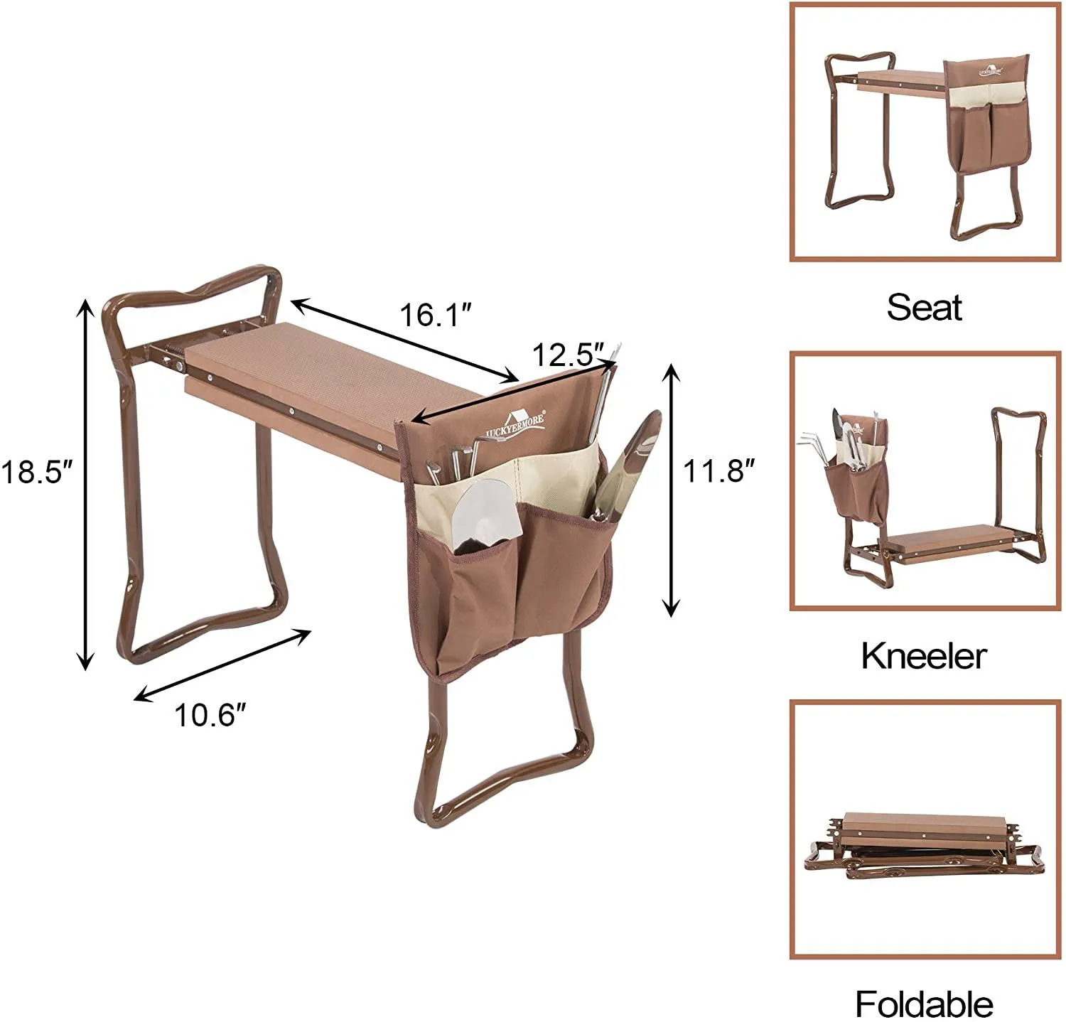 Folding Garden Kneeler Seat Foldable Bench Stool Soft Kneeling Pad w/ Tool Pouch, Coffee Brown