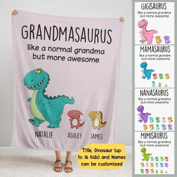 Grandmasaurus And Kids Personalized Soft Blanket - Dinosaur and Names can be customized