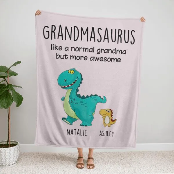 Grandmasaurus And Kids Personalized Soft Blanket - Dinosaur and Names can be customized