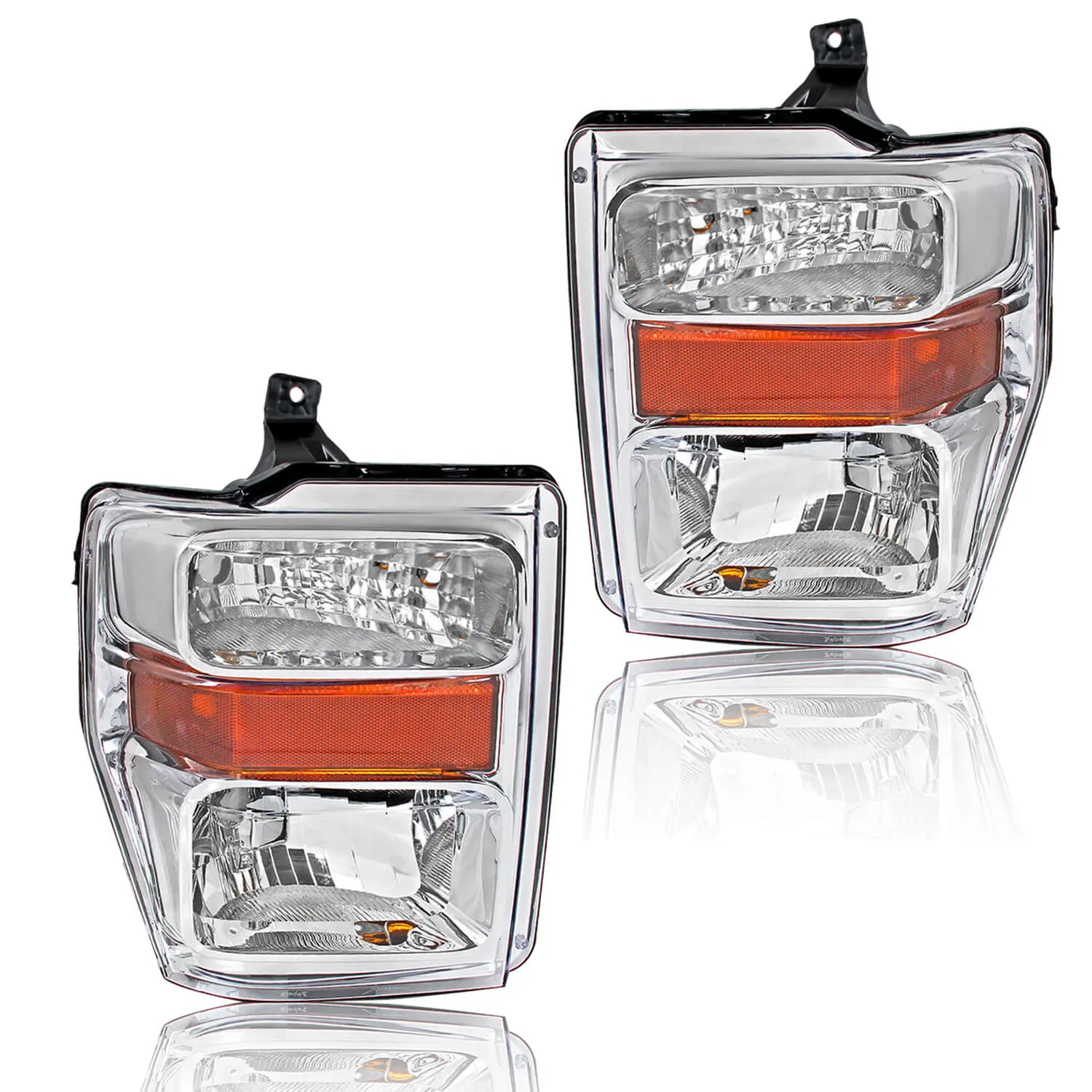 Headlight Assembly for 2008-2010 Ford F-250 F-350 F-450 F-550 Super Duty Models Chrome Housing with Amber Reflector