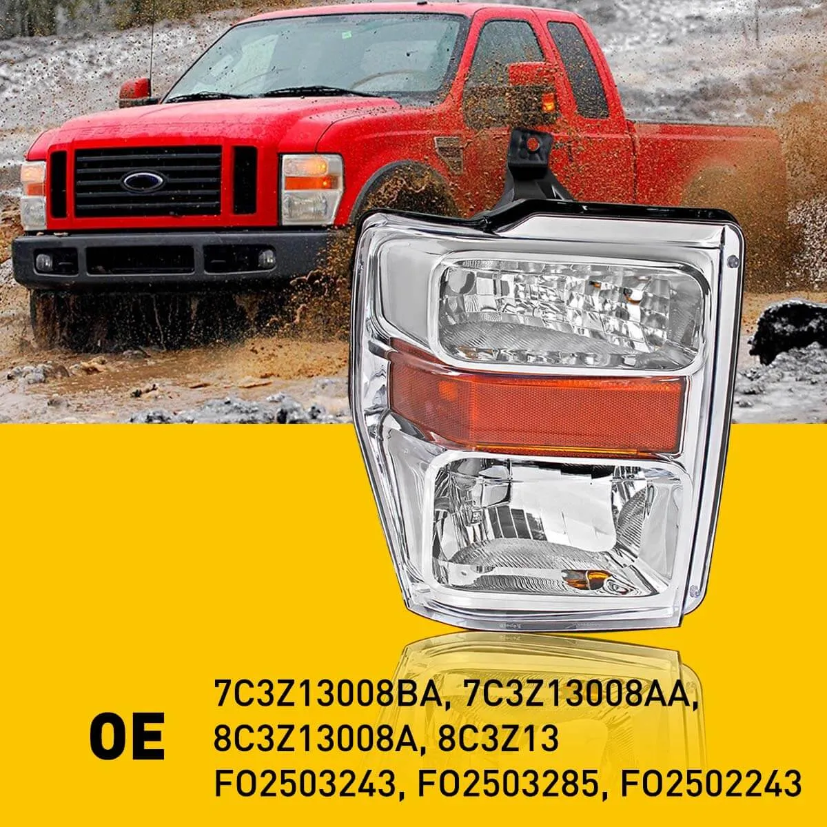 Headlight Assembly for 2008-2010 Ford F-250 F-350 F-450 F-550 Super Duty Models Chrome Housing with Amber Reflector