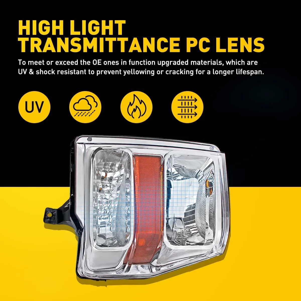 Headlight Assembly for 2008-2010 Ford F-250 F-350 F-450 F-550 Super Duty Models Chrome Housing with Amber Reflector