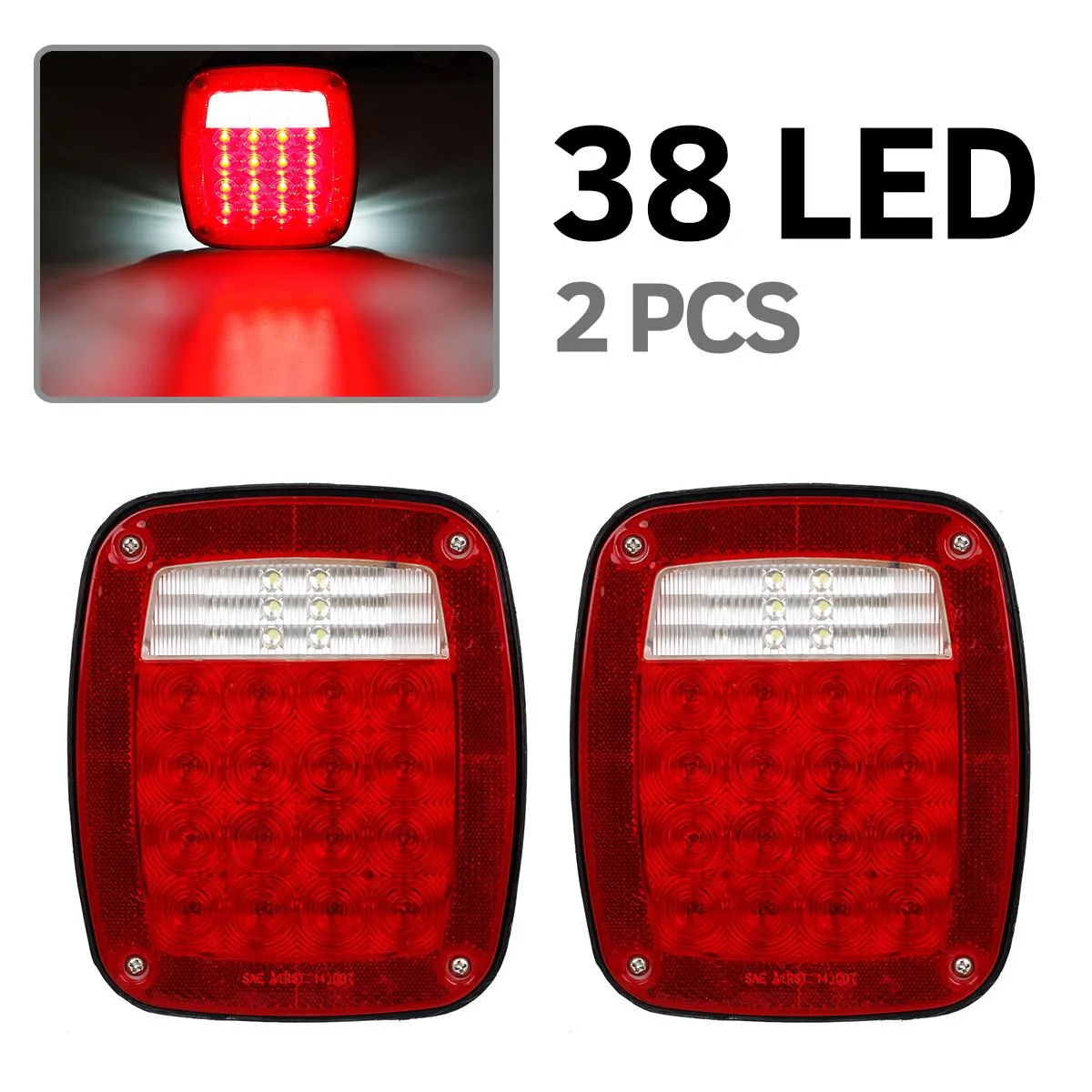 Partsam Pair 38 LED Universal Tail Brake Turn Stop License Back up Reverse Lights Rear Combination for Wrangler YJ TJ JK CJ Truck Trailer Boat RV,12V Stud Mounted Lamps Waterproof,Pack of 2