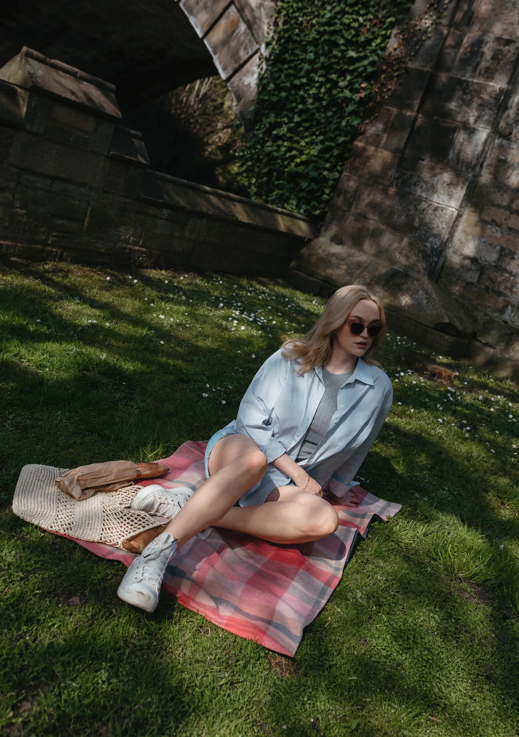 Recycled Wool Small Picnic Blanket in Pink Patchwork Check