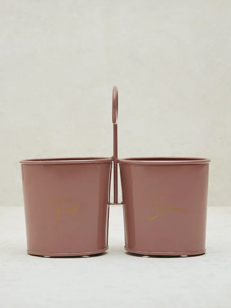 Westside Home Pink Text Design Fork and Spoon Caddy with Handle