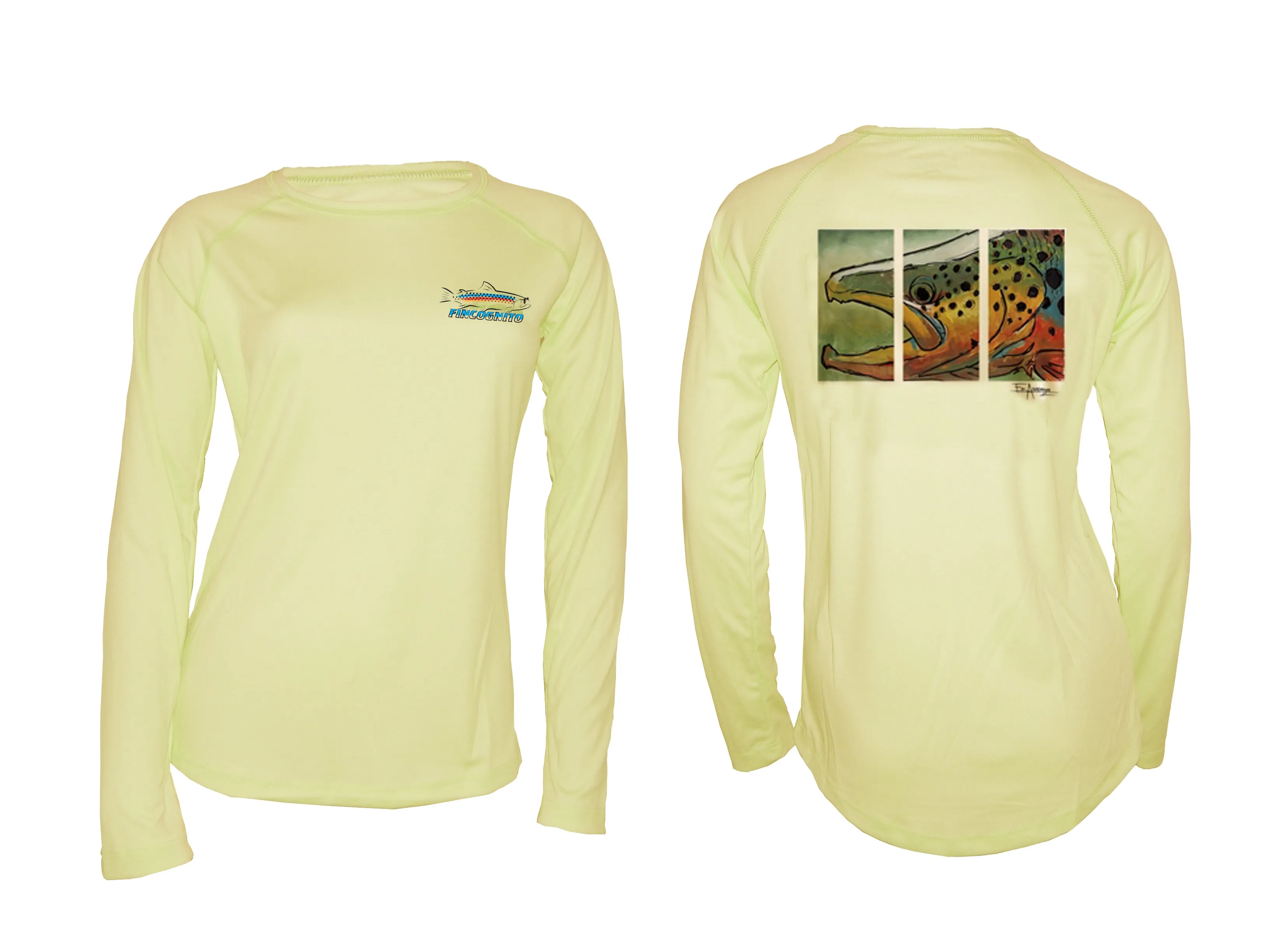 Women's Sun Protective Fishing Shirt Pale Yellow/Colored Brown Trout